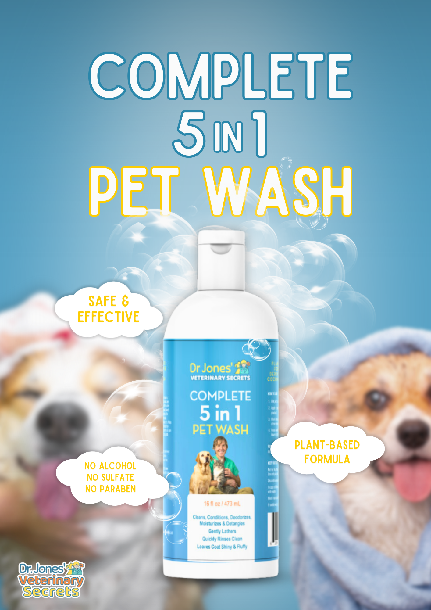 Dr. Jones' Complete 5 in 1 Pet Wash presents an excellent choice as an all-natural shampoo and conditioner for pets, boasting a formula free from alcohol, sulfates, parabens, and MEA or DEA.